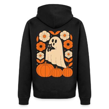 Geist Kürbis Katze Vintage Blumen Halloween Herbst - Unisex Premium Bio Zip Hoodie - Schwarz - Hinten - Nico (187cm)