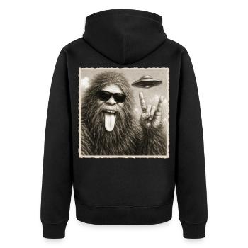 Rock, Rocker, Rock Musik, Rock Hand, Bigfoot UFO - Unisex Premium Bio Zip Hoodie - Schwarz - Hinten - Nico (187cm)
