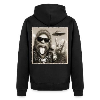 Rock, Rocker, Rock Musik, Rock Hand, Bigfoot UFO - Unisex Premium Bio Zip Hoodie - Schwarz - Hinten - Nico (187cm)