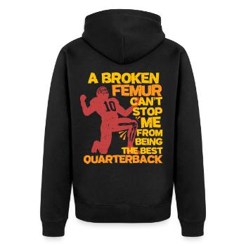 Beinbruch Gebrochener Oberschenkel Quarterback - Unisex Premium Bio Zip Hoodie - Schwarz - Hinten - Nico (187cm)