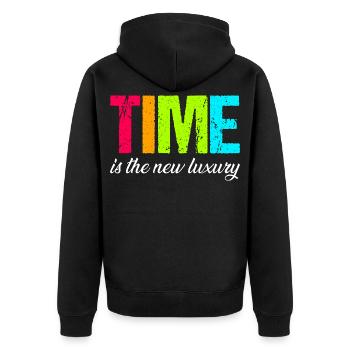 Time is the new luxury – Modern Statement - Unisex Premium Bio Zip Hoodie - Schwarz - Hinten - Nico (187cm)