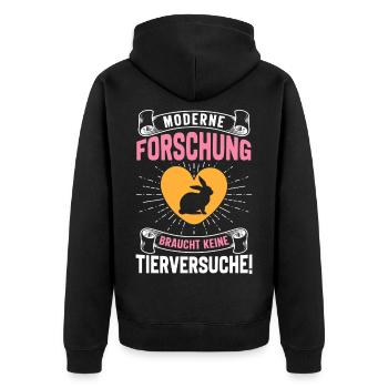 Tierschutz MODERNE FORSCHUNG BRAUCHT KEINE - Unisex Premium Bio Zip Hoodie - Schwarz - Hinten - Nico (187cm)
