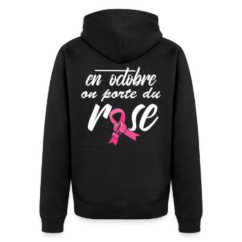 Rosa Oktober 2025 Bewusstsein für Brustkrebs - Unisex Premium Bio Zip Hoodie - Schwarz - Hinten - Nico (187cm)