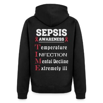 Sepsis Aufklärung T.I.M.E. Leitfaden - Unisex Premium Bio Zip Hoodie - Schwarz - Hinten - Nico (187cm)