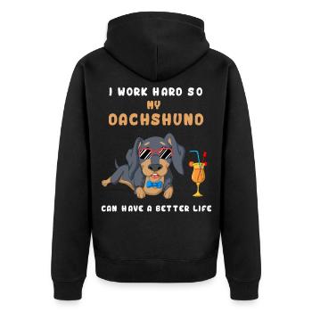 I Work Hard Dachshund Tee - Unisex Premium Organic Zip Hoodie - black - Back - Nico (187cm)