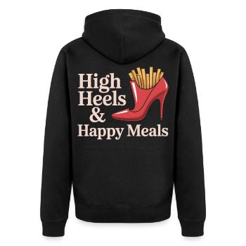 Lustiges Pommes High Heel T-Shirt - Unisex Premium Bio Zip Hoodie - Schwarz - Hinten - Nico (187cm)
