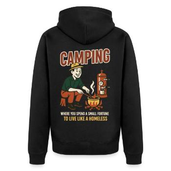 Camping, Wo Man Ein Kleines Vermögen Ausgibt - Unisex Premium Bio Zip Hoodie - Schwarz - Hinten - Nico (187cm)