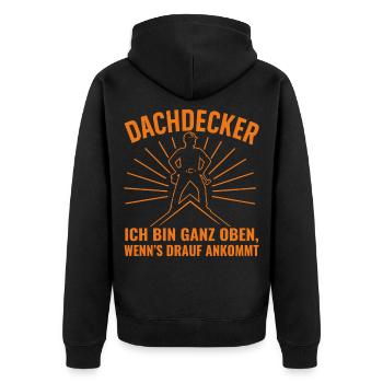 Dachdecker Motiv mit humorvollem Spruch - Unisex Premium Bio Zip Hoodie - Schwarz - Hinten - Nico (187cm)