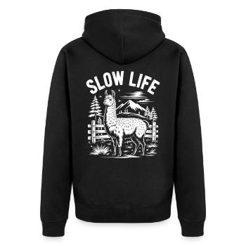 Lama Imprägnierte Naturlandschaft - Unisex Premium Bio Zip Hoodie - Schwarz - Hinten - Nico (187cm)
