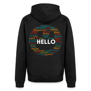 Beginnen Sie mit Positiv Hallo Verschiedene Weltsprache - Unisex Premium Bio Zip Hoodie - Schwarz - Hinten - Nico (187cm)