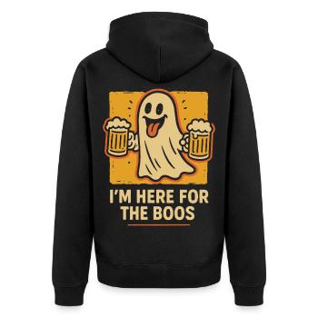 Ich bin hier für die Buhrufe Lustiger Halloween-Spruch - Unisex Premium Bio Zip Hoodie - Schwarz - Hinten - Nico (187cm)