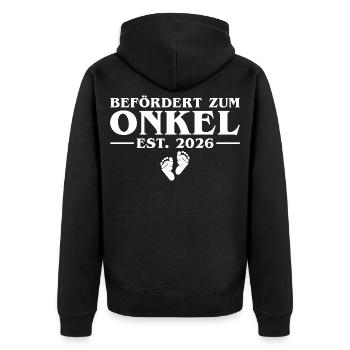 Befördert zum Onkel 2026 Schwangerschaft verkünden - Unisex Premium Bio Zip Hoodie - Schwarz - Hinten - Nico (187cm)