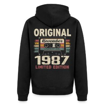 November 1987 Geschenk November 1987 - Unisex Premium Bio Zip Hoodie - Schwarz - Hinten - Nico (187cm)