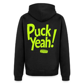 Puck Yeah Eishockey Spruch Hockey Puck Grafik - Unisex Premium Bio Zip Hoodie - Schwarz - Hinten - Nico (187cm)