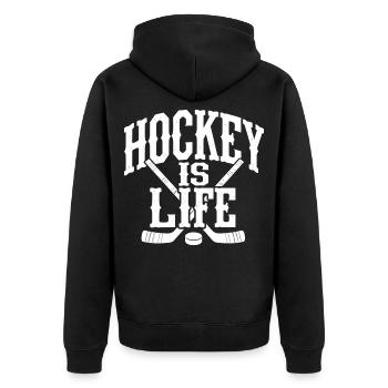 Hockey is Life - Eishockey Spruch - Unisex Premium Bio Zip Hoodie - Schwarz - Hinten - Nico (187cm)