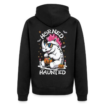 Nashorn Halloween: Horned and Haunted - Unisex Premium Bio Zip Hoodie - Schwarz - Hinten - Nico (187cm)