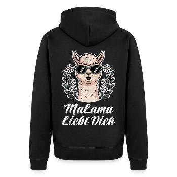 Bald Mama MALAMA LIEBT DICH Lustiges - Unisex Premium Bio Zip Hoodie - Schwarz - Hinten - Nico (187cm)