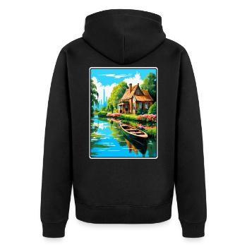 Giethoorn Riverside Cottage in Summer Bloom - Unisex Premium Bio Zip Hoodie - Schwarz - Hinten - Nico (187cm)