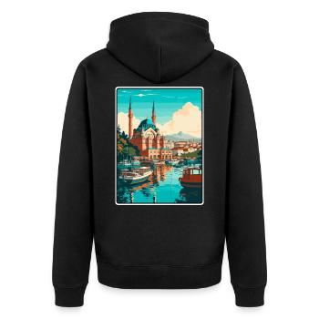 Istanbul Türkei Hafen Mosaik Reise Poster - Unisex Premium Bio Zip Hoodie - Schwarz - Hinten - Nico (187cm)