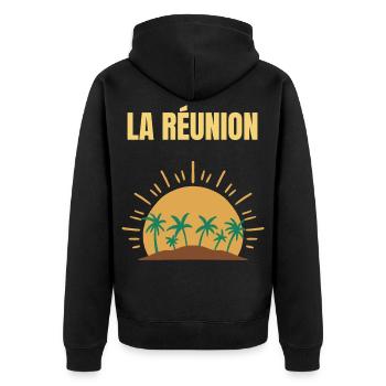 La Réunion T-Shirt Sonne und Palmen - Unisex Premium Bio Zip Hoodie - Schwarz - Hinten - Nico (187cm)