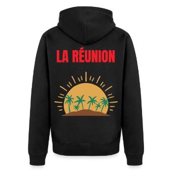 La Réunion T-Shirt Sonne und Palmen - Unisex Premium Bio Zip Hoodie - Schwarz - Hinten - Nico (187cm)