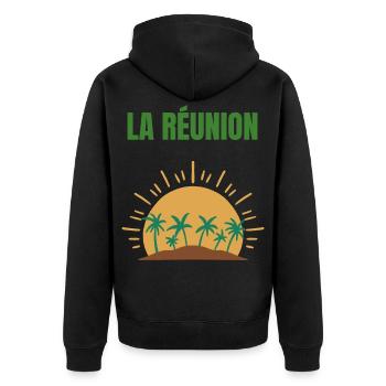La Réunion T-Shirt Sonne und Palmen - Unisex Premium Bio Zip Hoodie - Schwarz - Hinten - Nico (187cm)