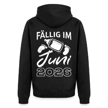 Werdende Mutter FÄLLIG IM JUNI 2026 Lustig - Unisex Premium Bio Zip Hoodie - Schwarz - Hinten - Nico (187cm)