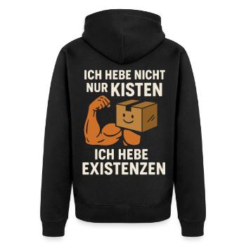 Ich hebe Existenzen Umzug Umzugshelfer  - Unisex Premium Bio Zip Hoodie - Schwarz - Hinten - Nico (187cm)
