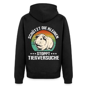 Tiere SCHÜTZT DIE KLEINEN STOPPT TIERVERSUCHE - Unisex Premium Bio Zip Hoodie - Schwarz - Hinten - Nico (187cm)