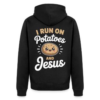I Run On Potatoes And Jesus - Unisex Premium Bio Zip Hoodie - Schwarz - Hinten - Nico (187cm)