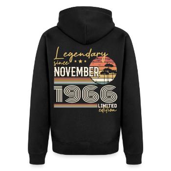 Jahrgang November 1966 RetroNovember 1966 - Unisex Premium Bio Zip Hoodie - Schwarz - Hinten - Nico (187cm)