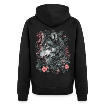 Wolf Wolfskopf Blumen Pflanzen Natur Wildnis Kunst - Unisex Premium Bio Zip Hoodie - Schwarz - Hinten - Nico (187cm)