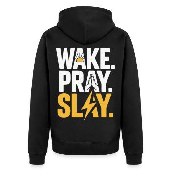 Wake Pray Slay Kraftbotschaft - Unisex Premium Bio Zip Hoodie - Schwarz - Hinten - Nico (187cm)