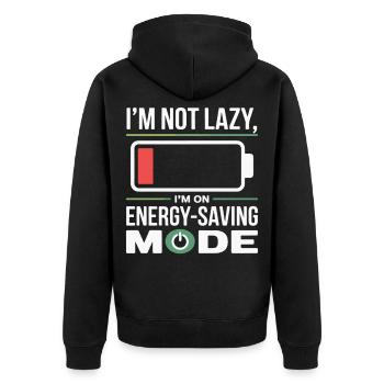 Ich bin nicht faul, Energiesparmodus - Unisex Premium Bio Zip Hoodie - Schwarz - Hinten - Nico (187cm)
