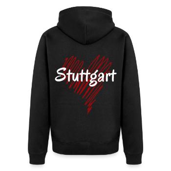 Ich liebe Stuttgart, Stuttgart, Deutschland - Unisex Premium Bio Zip Hoodie - Schwarz - Hinten - Nico (187cm)