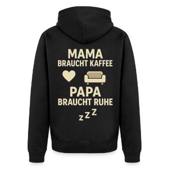Mama braucht Kaffee Papa braucht Ruhe - Unisex Premium Bio Zip Hoodie - Schwarz - Hinten - Nico (187cm)
