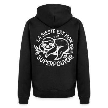 Nickerchen ist meine Superkraft: fauler Humor - Unisex Premium Bio Zip Hoodie - Schwarz - Hinten - Nico (187cm)