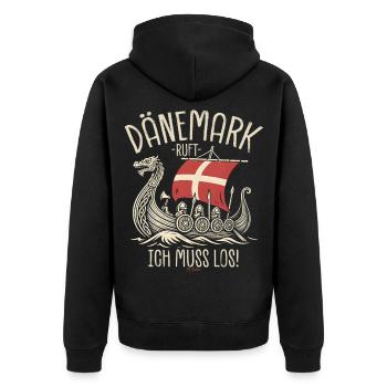 Dänemark ruft ich muss los Spruch - Unisex Premium Bio Zip Hoodie - Schwarz - Hinten - Nico (187cm)