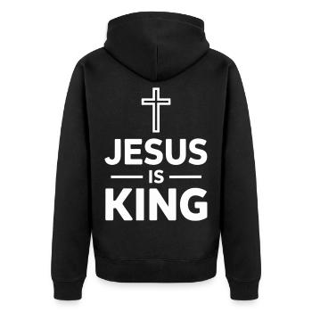Jesus Is King Christlich Kreuz Glaube - Unisex Premium Bio Zip Hoodie - Schwarz - Hinten - Nico (187cm)