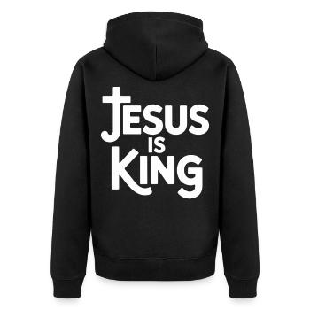 Jesus Is King Christlich Kreuz Glaube - Unisex Premium Bio Zip Hoodie - Schwarz - Hinten - Nico (187cm)