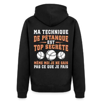 Meine Pétanque-Technik ist streng geheim - Unisex Premium Bio Zip Hoodie - Schwarz - Hinten - Nico (187cm)