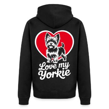 Yorkie Love Heart Design - Unisex Premium Organic Zip Hoodie - black - Back - Nico (187cm)