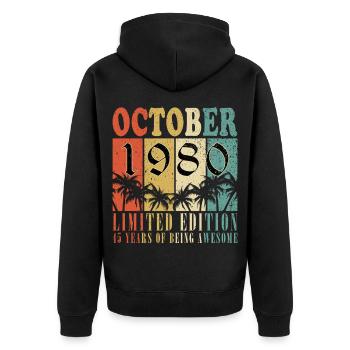 45ème Anniversaire Original Octobre Millésime 1980 - Veste à capuche bio Premium Unisexe - noir - Dos - Nico (187cm)
