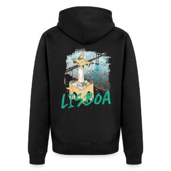 Christus, der König von Lissabon, aus der himmelblauen Schrift gesehen - Unisex Premium Bio Zip Hoodie - Schwarz - Hinten - Nico (187cm)