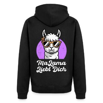 Bald Mama MALAMA LIEBT DICH Lustiges - Unisex Premium Bio Zip Hoodie - Schwarz - Hinten - Nico (187cm)