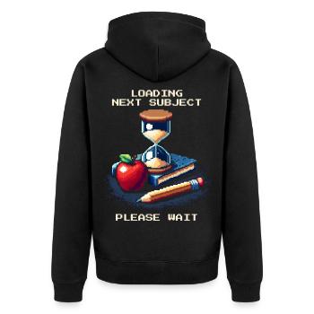 Nächstes Fach lädt | Homeschool Geduld Humor - Unisex Premium Bio Zip Hoodie - Schwarz - Hinten - Nico (187cm)