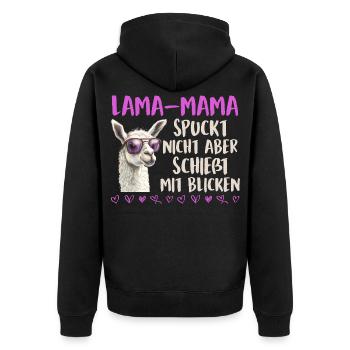 Bald Mama LAMA MAMA SPUCKT NICHT SCHIESST BLICKE - Unisex Premium Bio Zip Hoodie - Schwarz - Hinten - Nico (187cm)