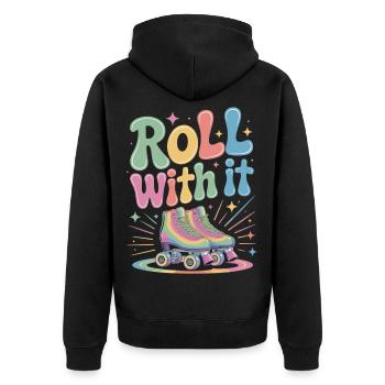 Colorful Roller Skate T-Shirt with Saying – Roll With It - Unisex Premium Organic Zip Hoodie - black - Back - Nico (187cm)