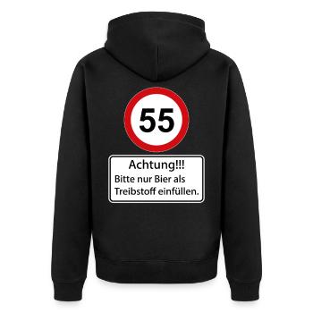 55 Achtung nur Bier als Treibstoff einfüllen - Unisex Premium Bio Zip Hoodie - Schwarz - Hinten - Nico (187cm)
