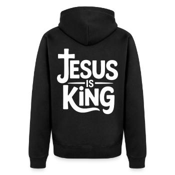 Jesus Is King Christlich Kreuz Glaube - Unisex Premium Bio Zip Hoodie - Schwarz - Hinten - Nico (187cm)
